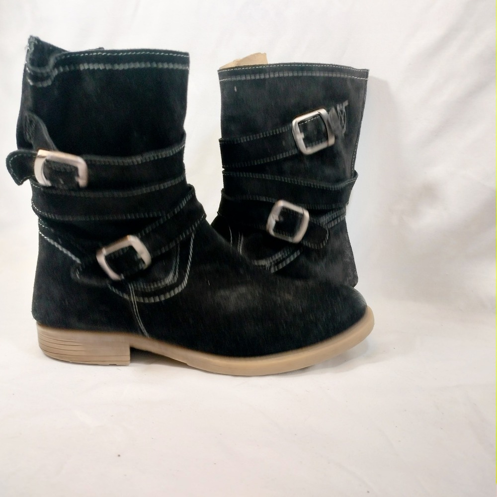 ROAN Black Suede Moto Boots; Buckle Straps Mid Calf Side Zip Size 9